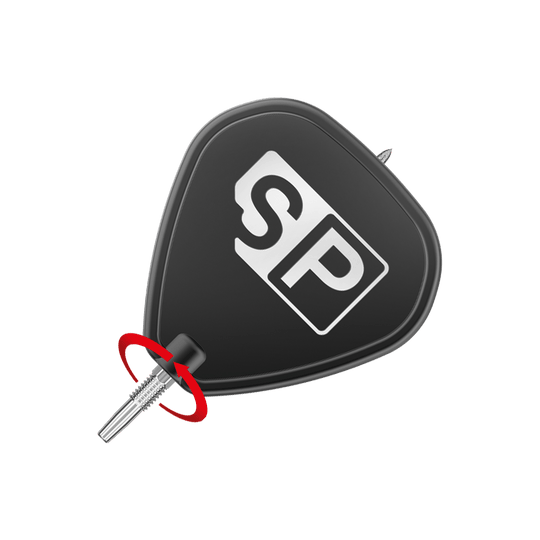 Das Bild zeigt die Target Swiss Point SLK Dartspitzen in Silber. Die Dartspitze ist mit einem schwarzen Flight und einem weißen "SP"-Logo abgebildet.