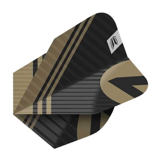 Das Bild zeigt ein Dartflight in Schwarz und Gold mit einem modernen Streifendesign. Es gehört zum Produkt "Target Pro Ultra Chicane Black No6 Flights - 3 Sets".