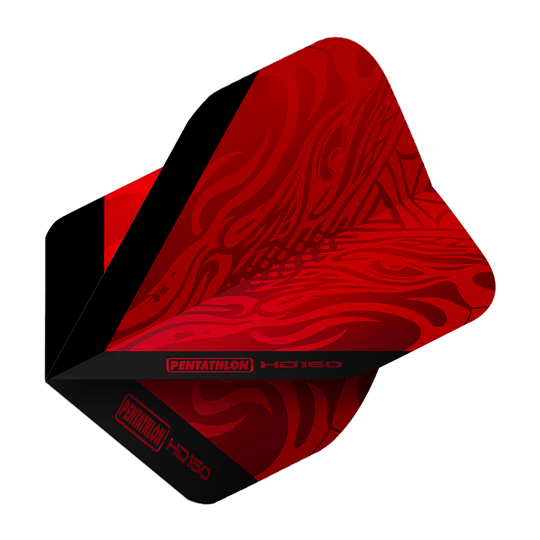 Pentathlon HD150 Metallic Red Standard Flights Das Bild zeigt einen roten Dartflight mit schwarzem Streifen und Mustern. Auf dem Flight steht "Pentathlon HD150".