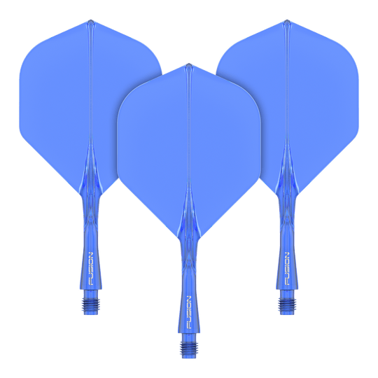 Winmau Fusion Flight Shaft System Standard Blue Das Bild zeigt drei blaue Dart-Flights mit Schäften des Winmau Fusion Flight Shaft Systems. Sie sind in einer Reihe angeordnet und jeder Schaft ist 22 mm lang.