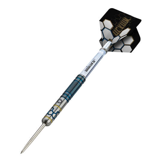 Unicorn Hexium Style 02 Blue & Gold Steeldarts Das Foto zeigt die Unicorn Hexium Style 02 Blue & Gold Steeldarts. Es handelt sich um hochwertige Steeldarts in Blau und Gold.