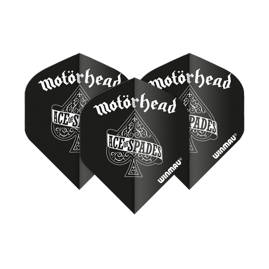 6905-210_Winmau_Rockstar_Legends_Mot-rhead_AoS_Standard_Flights_14RTqYndjcLOyb Das Bild zeigt vier schwarze Dart-Flights mit dem Schriftzug "Motörhead" und "Ace of Spades" darauf. Die Flights sind im Standard-Format und tragen das Winmau-Logo.