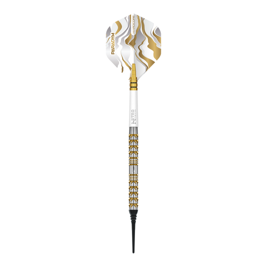 Das Bild zeigt die Red Dragon Paradym Gold Parallel Softdarts mit einem Gewicht von 20g. Die Darts sind goldfarben und haben ein modernes Design.