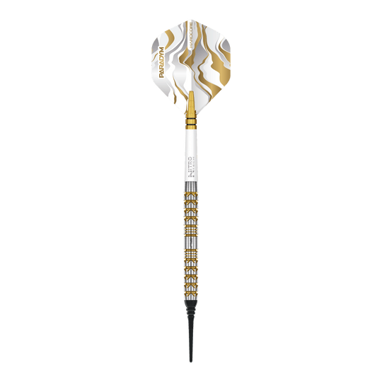 Red Dragon Paradym Gold Parallel Softdarts - 20g Das Bild zeigt die Red Dragon Paradym Gold Parallel Softdarts mit einem Gewicht von 20g. Die Darts sind goldfarben und haben ein modernes Design.