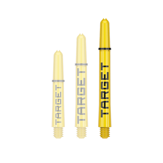 Target Pro Grip TAG Shafts - 3 Sets - Yellow Das Bild zeigt drei gelbe Dartschäfte in verschiedenen Längen. Auf jedem Schaft steht das Wort "TARGET" in schwarzer Schrift.