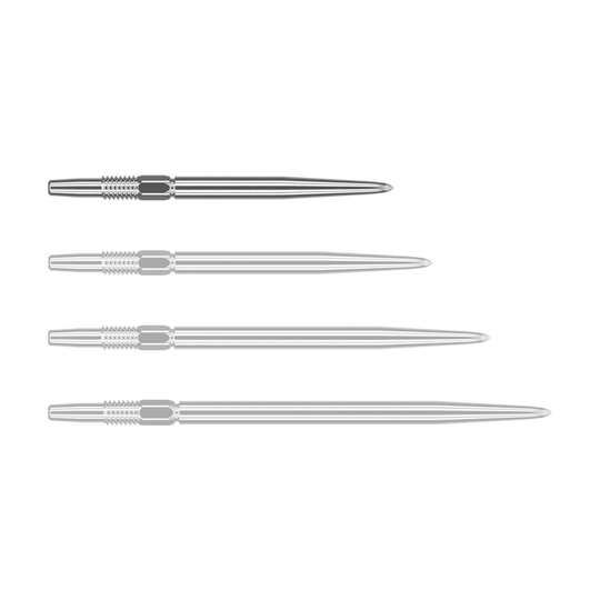 Target Swiss Point Silver dart tips Das Bild zeigt vier silberne Dartspitzen, die nebeneinander liegen. Jede Spitze hat ein geriffeltes Ende und ist schlank und spitz zulaufend.