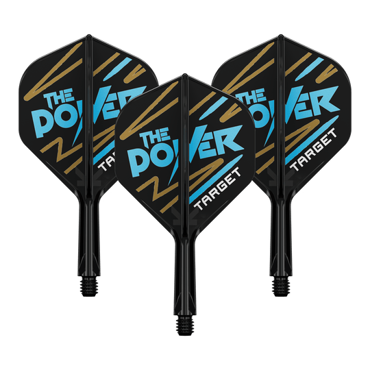 Target K-Flex Phil Taylor No2 Standard Flight Shaft System Auf dem Bild sind drei Dartflights mit schwarzem Hintergrund zu sehen. Auf den Flights steht in blauer und weißer Schrift "THE POWER" und unten "TARGET".