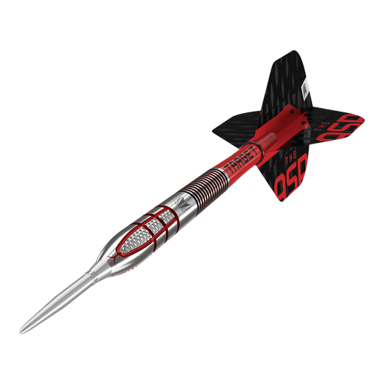 Target Nathan Aspinall GEN2 Swiss Point steel darts Das Bild zeigt einen modernen Steeldartpfeil mit silberner Spitze und rot-schwarzem Schaft. Auf den Flights steht in roten Buchstaben "THE ASP".