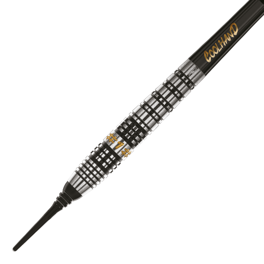 Das Bild zeigt einen Softdart namens "Red Dragon Luke Humphries Prestige Softdarts - 20g". Der Dart hat ein silber-schwarzes, geriffeltes Design mit goldener Schrift.