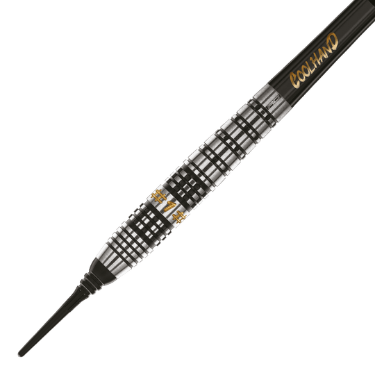 Red Dragon Luke Humphries Prestige Soft Darts - 20g Das Bild zeigt einen Softdart namens "Red Dragon Luke Humphries Prestige Softdarts - 20g". Der Dart hat ein silber-schwarzes, geriffeltes Design mit goldener Schrift.