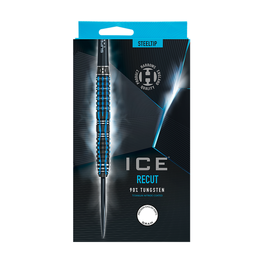 HA28917_Harrows_Ice_Recut_Steeldarts_3 Das Bild zeigt die Verpackung der "Harrows Ice Recut Steeldarts". Der Dartpfeil besteht zu 90 % aus Wolfram und ist mit blauen Akzenten gestaltet.