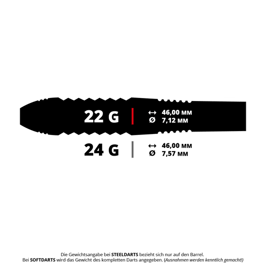 Das Bild zeigt die Spezifikationen von Steeldarts mit einem Gewicht von 22 Gramm und 24 Gramm. Die Länge beträgt jeweils 46,00 mm, der Durchmesser beträgt 7,12 mm bei 22 Gramm und 7,57 mm bei 24 Gramm.