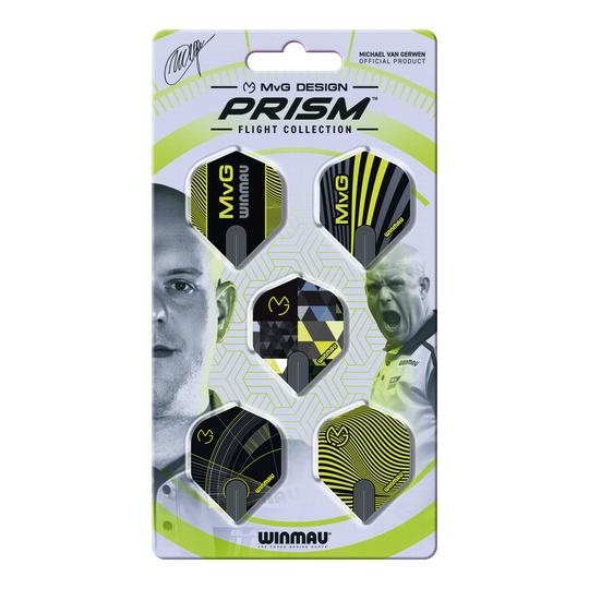 Hier ist die Winmau Michael Van Gerwen Prism No2 Standard Flight Collection zu sehen. Die Sammlung bietet verschiedene Dart Flights.