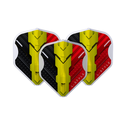 Das Bild zeigt drei Dart-Flights des Modells "L-Style V-Series V1 Type C Belgium Clear White L1EZ Flights". Die Flights sind in den Farben Schwarz, Gelb und Rot gestaltet und zeigen ein modernes Design.