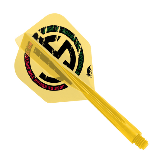 Condor AX Jose De Souza Special One Inspiration Flight System - Yellow - Small Das Bild zeigt ein gelbes Dart-Flight-System mit der Aufschrift "Jose De Sousa Special One". Das Produkt trägt den Namen "Condor AXE Jose De Souza Special One Inspiration Flight-System - Gelb - Small".