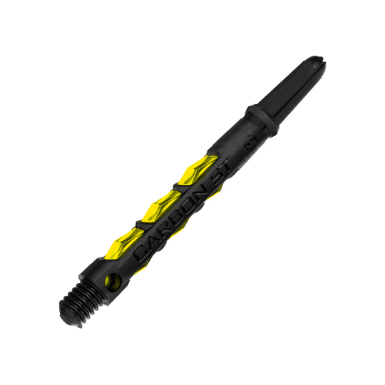 Das Bild zeigt einen Harrows Carbon ST Shaft in der Farbe Gelb. Der Schaft ist schwarz mit gelben Akzenten und hat die Aufschrift "CARBON ST".