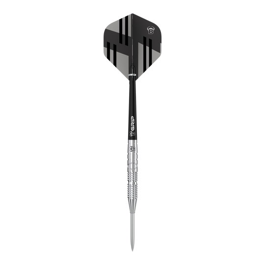 Bulls Tac T3 Steeldarts Das Bild zeigt einen Bulls Tac T3 Steeldart mit einem silbernen Barrel und schwarzer Flight. Das Design ist modern und sportlich mit klaren Linien auf dem Flight.