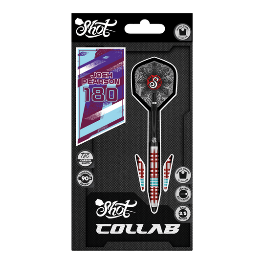 Auf dem Foto sind die Shot Collab Pro Series Josh Pearson Steeldarts - 23g zu sehen. Sie eignen sich ideal für professionelle Dartspieler.