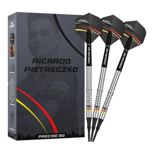 Gezeigt werden die Precise 180 Ricardo Pietreczko GEN1 Softdarts. Diese Softdarts zeichnen sich durch ihre Präzision aus.