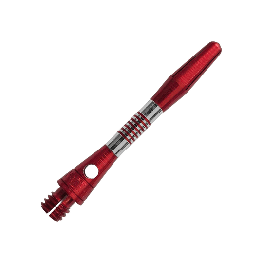 Gezeigt werden rote BullsNL Cetra Aluminium Shafts mit einer Länge von 34 mm. Das Produkt ist für das Dartspiel gedacht.