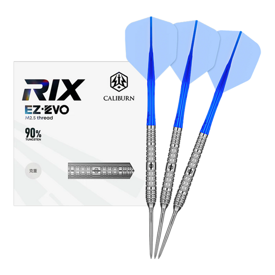 Caliburn Rix EZ-EVO R4 steel darts Das Foto zeigt die Caliburn Rix EZ-EVO R4 Steeldarts in voller Ansicht. Die Darts sind modern gestaltet und für professionelle Spieler geeignet.