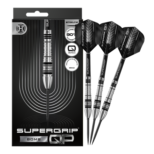 Abgebildet sind die Harrows Supergrip Bomb Quick Point Steeldarts in voller Länge. Sie eignen sich ideal für ambitionierte Dartspieler.