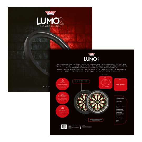 Bulls NL Lumo 2 Light Surround Lighting System Das Bild zeigt das Produkt "Bulls NL Lumo 2 Light Surround Beleuchtungssystem" für Dartscheiben. Es kombiniert ein schlankes, rundes LED-Lichtsystem mit einem schützenden Surround für bessere Sicht und Schutz beim Dartspielen.