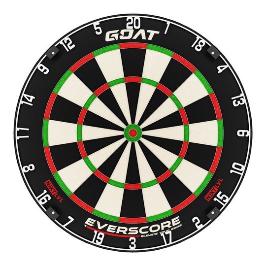 GOAT Everscore Steel Dartboard Das Bild zeigt eine Steeldart-Scheibe mit dem Namen „GOAT Everscore“. Die Scheibe hat farbige Markierungen in Schwarz, Weiß, Rot und Grün sowie deutlich sichtbare Zahlen.
