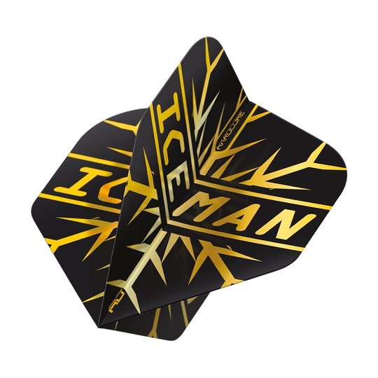 Das Bild zeigt das Produkt "Red Dragon Gerwyn Price Hardcore Flight Set". Die Flights sind schwarz mit einem goldenen Muster und dem Schriftzug "ICEMAN".