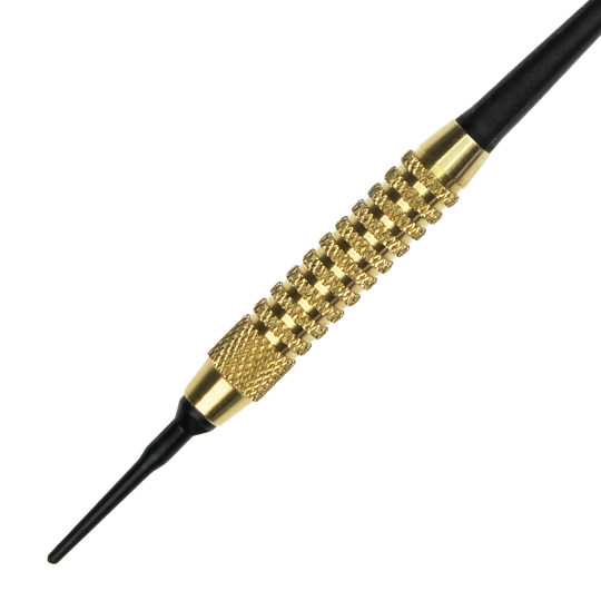 621_Automatenpfeile_Set_2 Das Bild zeigt einen einzelnen Automatenpfeil mit einer goldfarbenen, geriffelten Griffzone und einer schwarzen Spitze. Der Pfeil ist für das Dartspiel an Automaten geeignet.