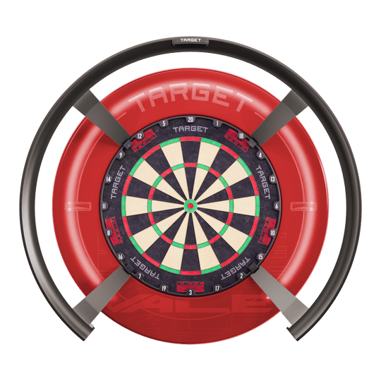 Das Bild zeigt das Produkt "Target OMNI Auto-Scoring-System", ein innovatives elektronisches System für Dartspiele. Es besteht aus einem Dartboard mit einem kreisförmigen automatischen Punktesystem und einer markanten roten Umrandung.