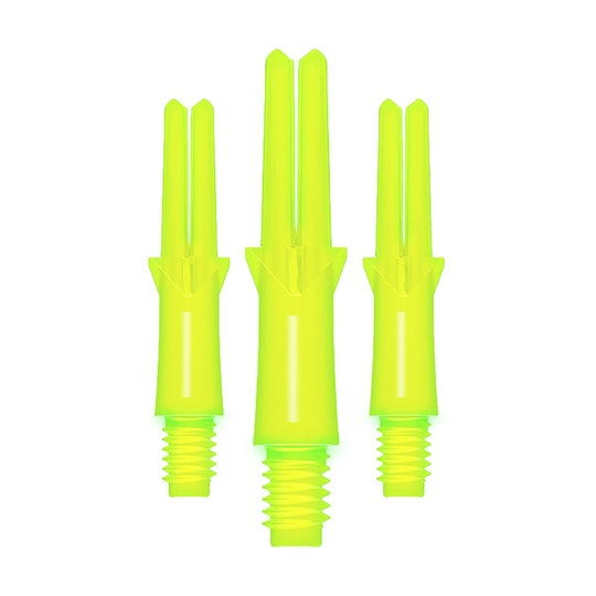 Das Bild zeigt drei neon-gelbe, gerade Dart-Schäfte mit Gewinde. Sie sind unterschiedlich lang und stehen nebeneinander aufrecht.