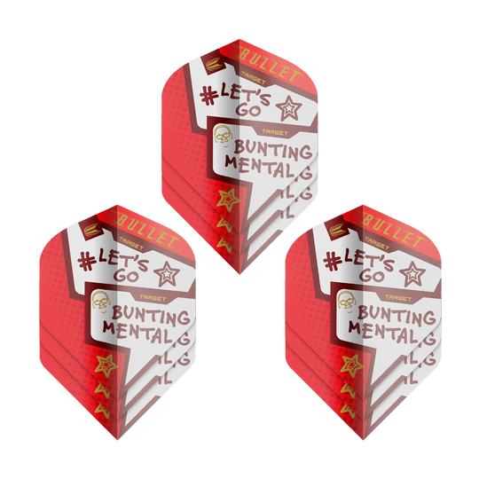 Das Bild zeigt drei Sets der Target Pro Ultra Stephen Bunting Mental No2 Standard Flights. Die Flights sind überwiegend rot und weiß gestaltet und tragen die Aufschrift "#LET'S GO BUNTING MENTAL".