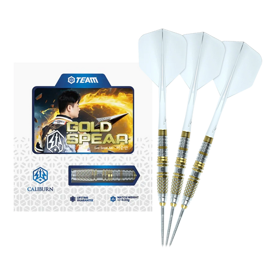 Hier sieht man die Caliburn Players Darts Lee Soon An Gold Spear Steeldarts mit 23 Gramm. Die Steeldarts sind für Präzision und Kontrolle beim Spiel entwickelt.
