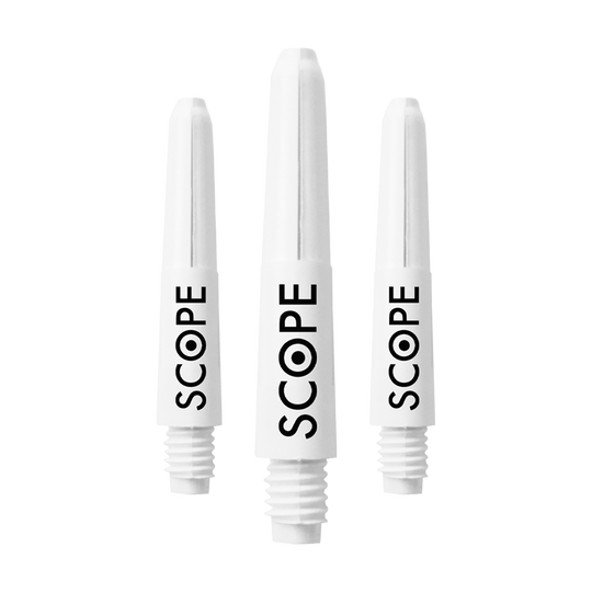 Das Bild zeigt drei weiße McDart Scope Nylon Shafts. Auf jedem Schaft steht das Wort "SCOPE" in schwarzer Schrift.