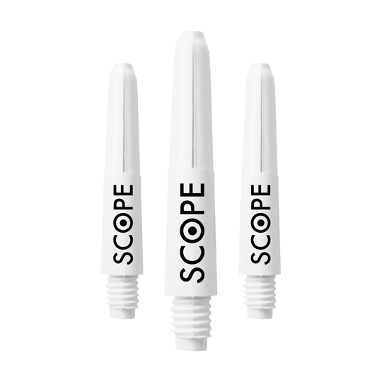 524_McDart_Scope_Nylon_Shafts_Weiss_28mm_1rvy8qKcb0ZkGV Das Bild zeigt drei weiße McDart Scope Nylon Shafts. Auf jedem Schaft steht das Wort "SCOPE" in schwarzer Schrift.