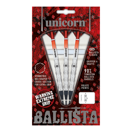 Unicorn Ballista Style 1 soft darts Das Bild zeigt die Verpackung der "Unicorn Ballista Style 1 Softdarts". In der Packung befinden sich drei Softdarts mit weiß-roten Flights und silbernen Griffen.