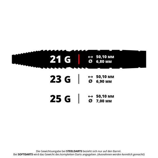 Bulls Tac T3 Steeldarts Das Bild zeigt verschiedene Gewichte und Maße von Steeldart-Barrels: 21 g, 23 g und 25 g. Für jede Variante sind die Länge (50,10 mm) und der Durchmesser angegeben.