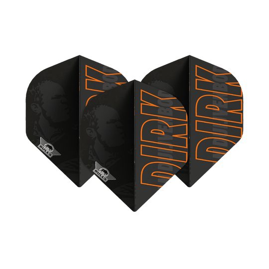 Bulls NL Player 100 Dirk Van Duijvenbode No2 Standard Flights Das Bild zeigt schwarze Dartflights mit dem Namen "DIRK" in großen orangefarbenen Buchstaben. Auf den Flights ist außerdem das Logo von Bulls und ein Porträt im Hintergrund zu sehen.