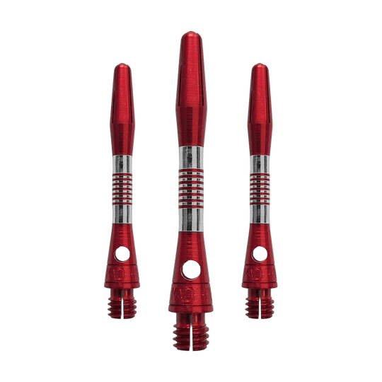 Abgebildet ist ein Set roter Aluminium Shafts mit 34 mm Länge. Sie werden wahrscheinlich beim Dartspiel verwendet.