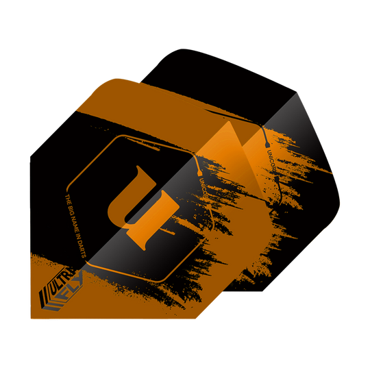 Unicorn Ultrafly 100 Team Unicorn Big Wing Flights - Orange Das Bild zeigt die "Unicorn Ultrafly 100 Team Unicorn Big Wing Flights" in Orange. Die Flights haben ein auffälliges schwarzes und orangefarbenes Design mit dem Buchstaben "u" in der Mitte.