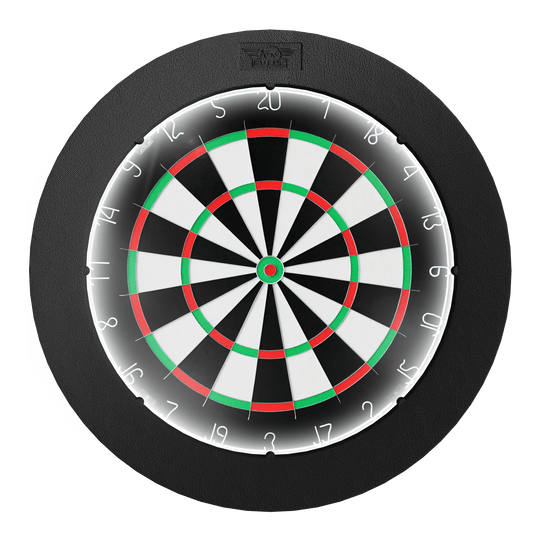 Bulls NL Lumo Light Surround lighting system Das Bild zeigt das Produkt "Bulls NL Lumo Light Surround Beleuchtungssystem", das eine Dartscheibe mit integriertem LED-Licht darstellt. Die Beleuchtung sorgt für eine optimale Ausleuchtung des Spielfelds.