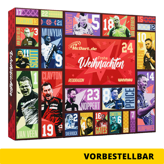 Zu sehen ist der McDart Steel-Darts Adventskalender 2026. Der Kalender bietet Überraschungen für Steeldart-Spieler.