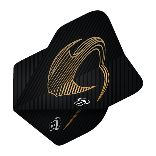 Das Bild zeigt ein Bulls Metrixx Stingray No2 Standard Flight. Es ist schwarz mit goldenen Linien und einem stilisierten Design.