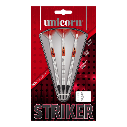 Das Bild zeigt eine Packung der "Unicorn Core XL Striker Style 1 Softdarts - 19g". In der Verpackung befinden sich drei silberfarbene Softdarts mit roten und weißen Details.