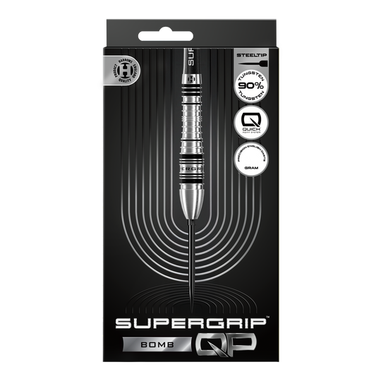 Gezeigt werden die Harrows Supergrip Bomb Quick Point Steeldarts. Das Produkt bietet hohe Kontrolle und Stabilität beim Wurf.