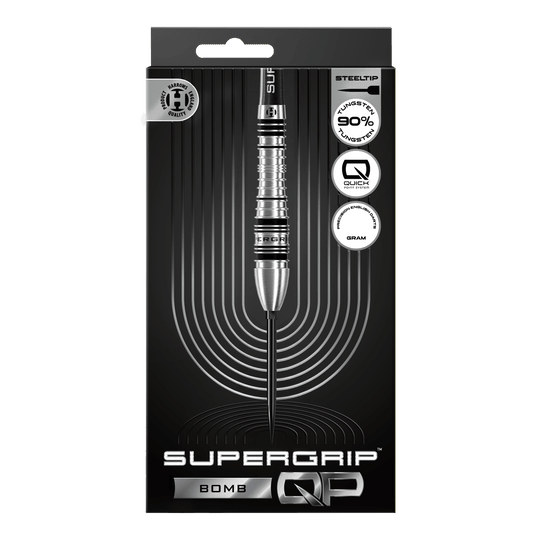 Harrows Supergrip Bomb Quick Point Steel Darts Gezeigt werden die Harrows Supergrip Bomb Quick Point Steeldarts. Das Produkt bietet hohe Kontrolle und Stabilität beim Wurf.