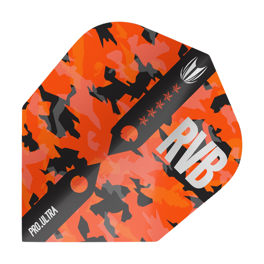 TG66_334410_Target_ProUltra_Barney_Army_Camo_Ten-X_Flights_1LjIh5pcKeUFZq Das Bild zeigt das Produkt "Target ProUltra Barney Army Camo Ten-X Flights". Das Flight ist in einem orange-schwarzen Camouflage-Muster mit den Aufschriften "RVB" und "Pro.Ultra" gestaltet.