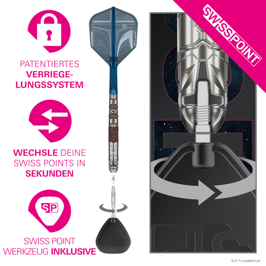 Target Star Wars Mandalorian 95 Swiss Point Steel Darts Das Bild zeigt die Target Star Wars Mandalorian 95 Swiss Point Steeldarts. Es handelt sich um hochwertige Steeldarts mit einem Mandalorian-Design.