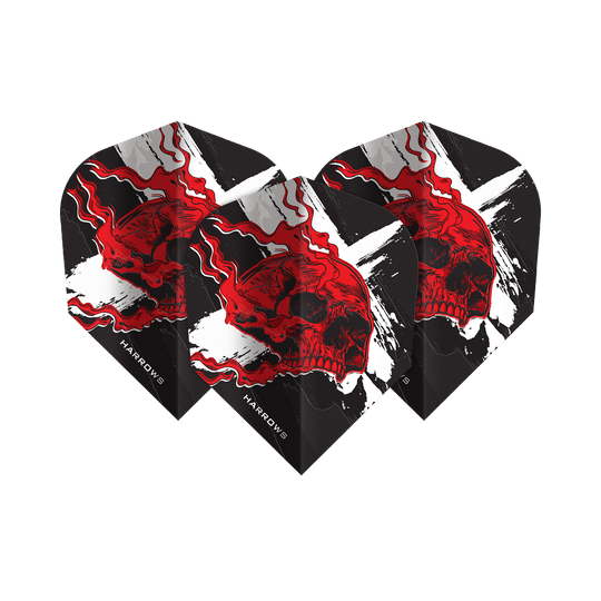 Abgebildet sind die Harrows Ryan Searle Heavy Metal No6 Flights. Diese Flights sind für Dartpfeile konzipiert und tragen das Heavy Metal Design.